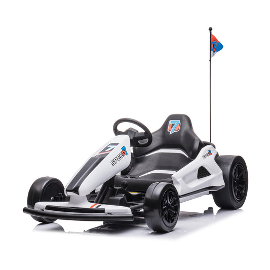 HOMEMiYN 24 V 13 km/h Elektro-Driftkart mit Sanftanlauf, Musik, Hupe und Sicherheitsgurt für Kinder von 8–12 Jahren (Weiß)