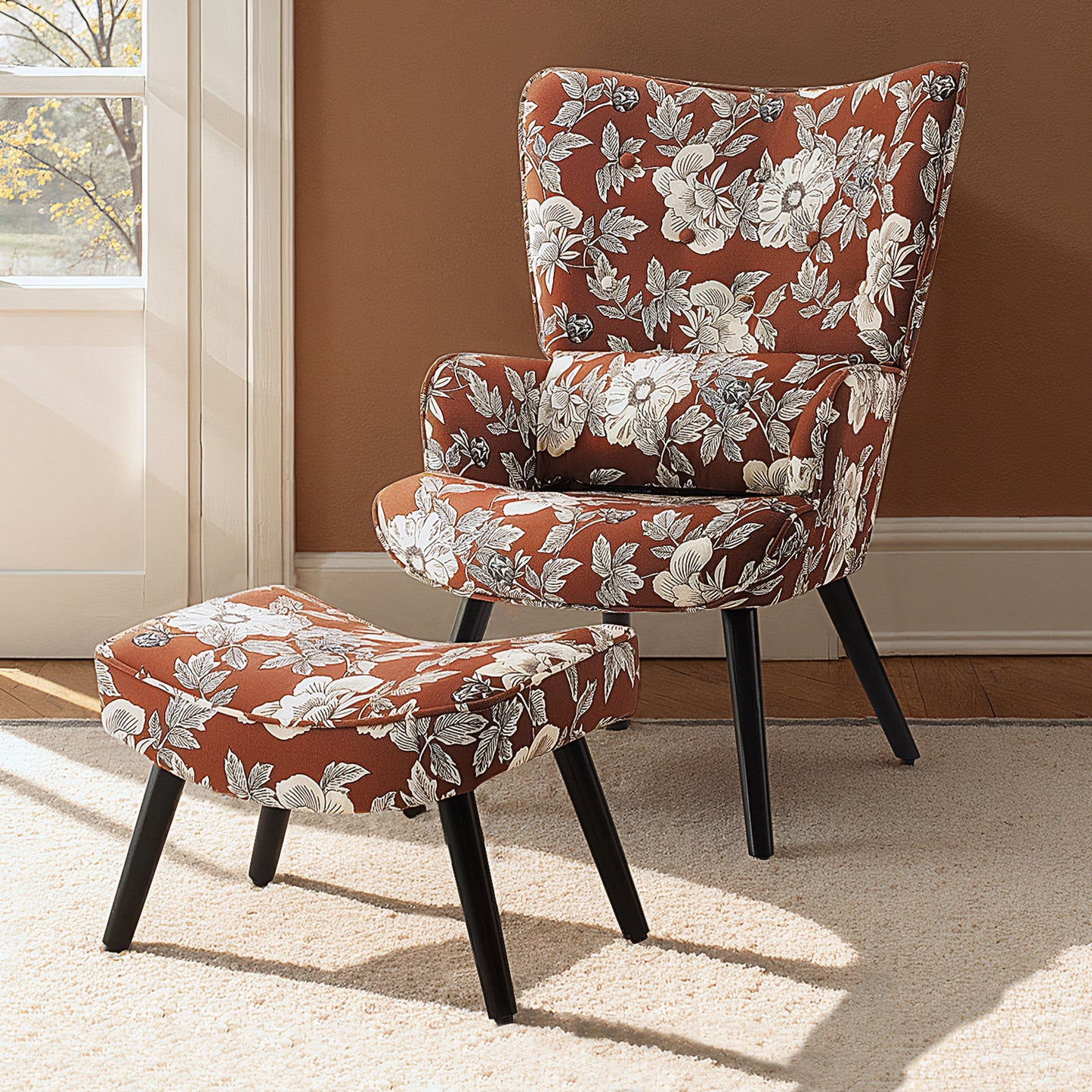 Fauteuil d'Angle HomeMiYN Rouge Terre Cuite - Ensemble avec Coussin & Tabouret - Style Rustique Moderne - Bois Massif & Lin