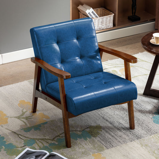 Fauteuil en cuir artificiel tapisé style vintag-Fauteuil en bois naturel de bureau de chambre à coucher, bleu