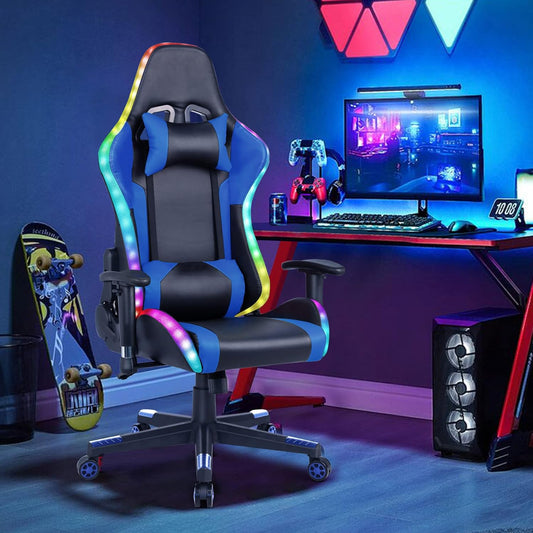 Gaming-Stuhl mit RGB-LED-Beleuchtung und integrierten Lautsprechern – Rennsport-Design – PC-Gamingstuhl aus PU-Leder