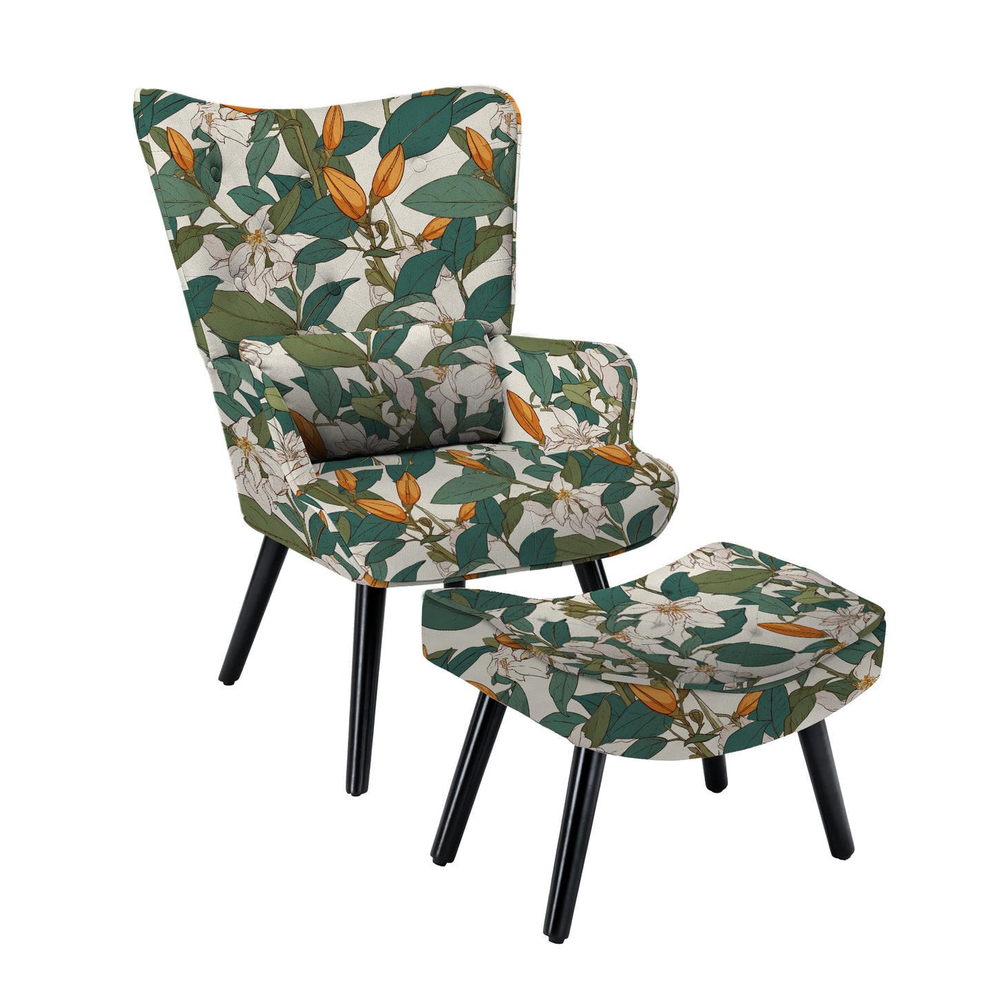 Poltrona HOMEMIYNcom Almofada e Banco ( 76x65x94 cm - Linho Falso com Estampa de Lírios- Verde/Branco）