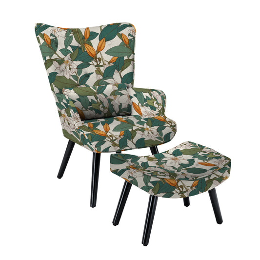 Poltrona HOMEMIYNcom Almofada e Banco ( 76x65x94 cm - Linho Falso com Estampa de Lírios- Verde/Branco）