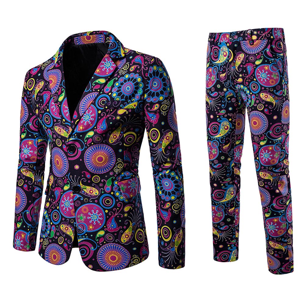YFFUSHI Mens 2 Piece Ethnic Suit Printed Blazer and Pants