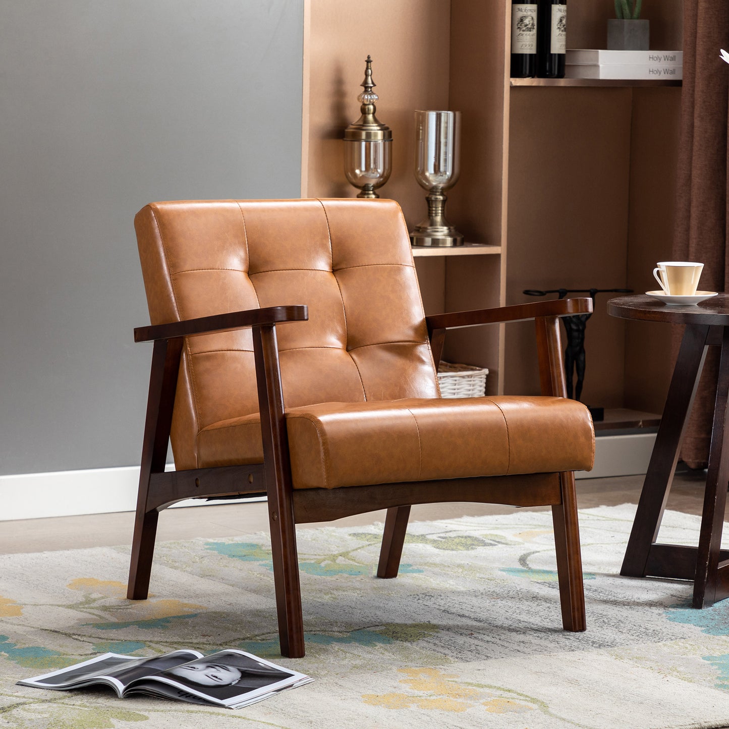 Sillón de Madera Maciza con Diseño Escandinavo Moderno - Cuero Natural Hipoalergénico Gris para Salón, Oficina o Dormitorio, Dimensiones 67x76x76 cm