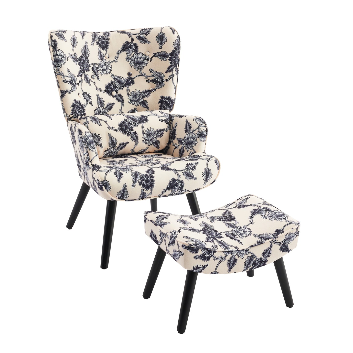 Poltrona HOMEMIYNcom Almofada e Banco ( 76x65x94 cm - Linho Falso -Estampa Preta/Branca）
