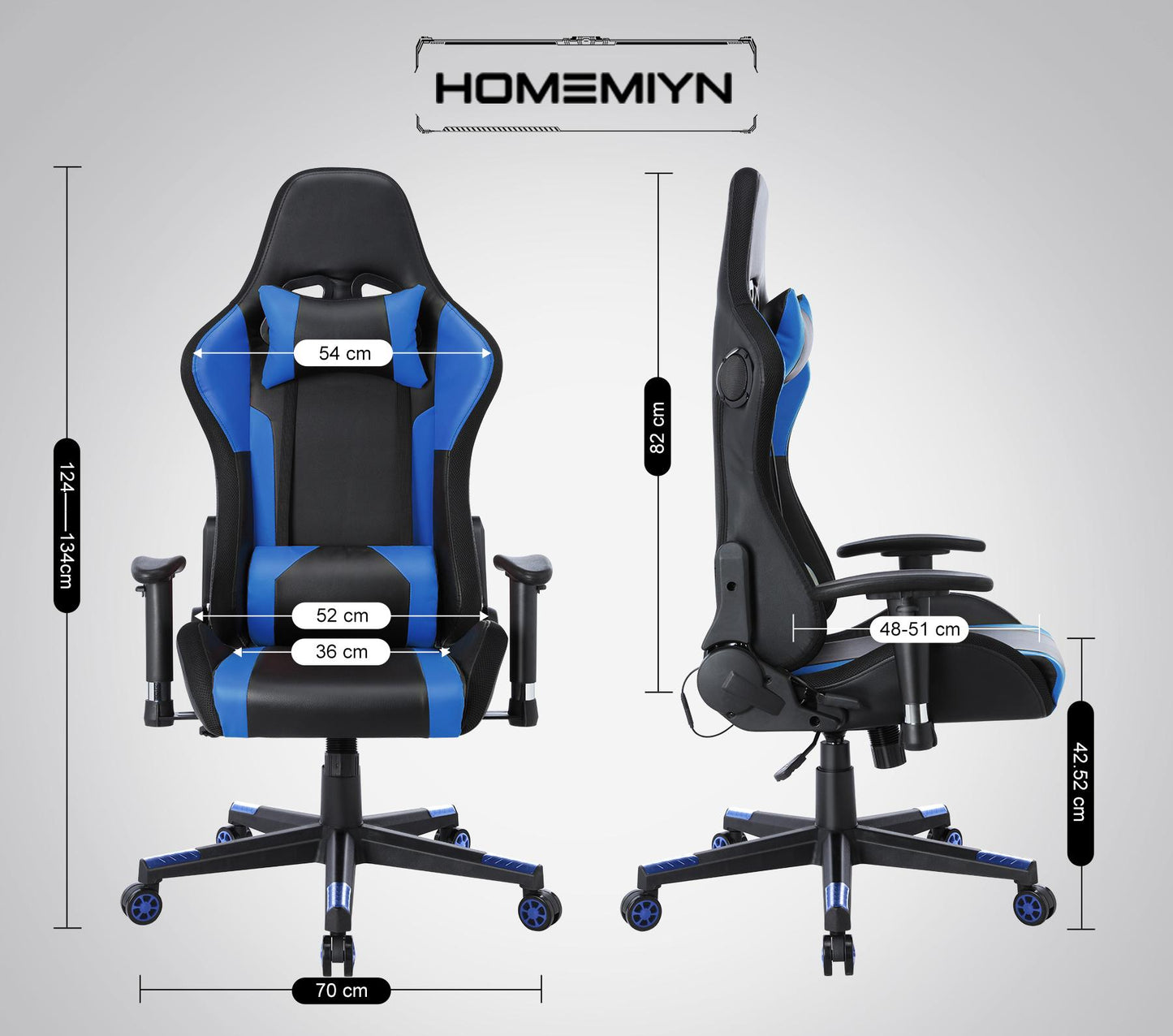 Chaise Gaming  avec  lumière LED et Bluetooth  Fauteuil Gamer avec  haut-parleur Noir et bleu