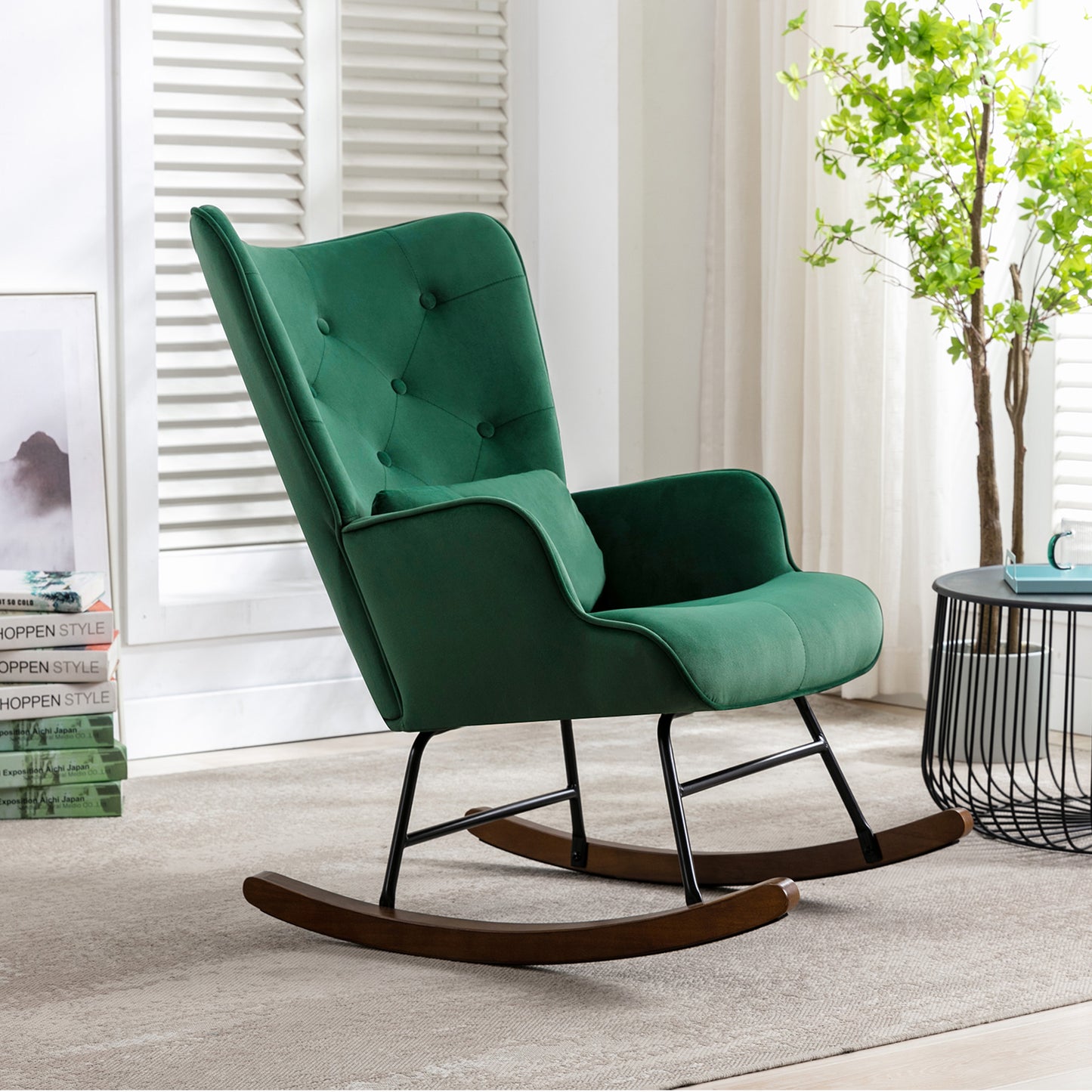 PCadeira de Balanço HomeMiYN Moderna Alto Encosto (87x66x90cm - Veludo/Madeira - Verde Escuro)