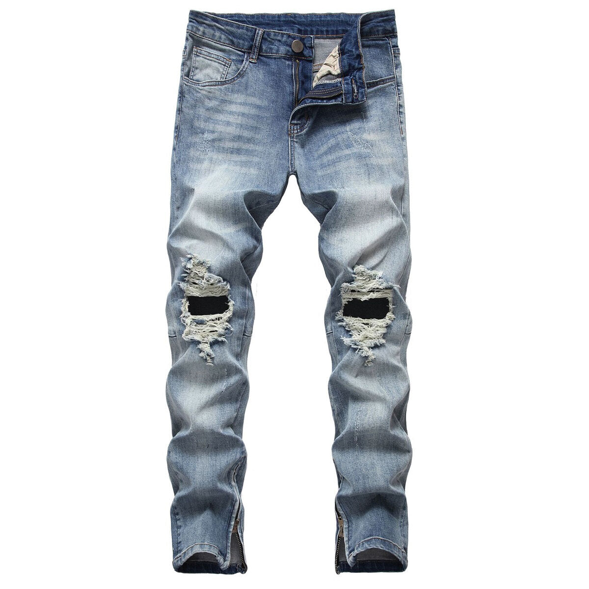 YFFUSHI Mens Ripped  Straight Leg Biker Cargo Denim Jeans