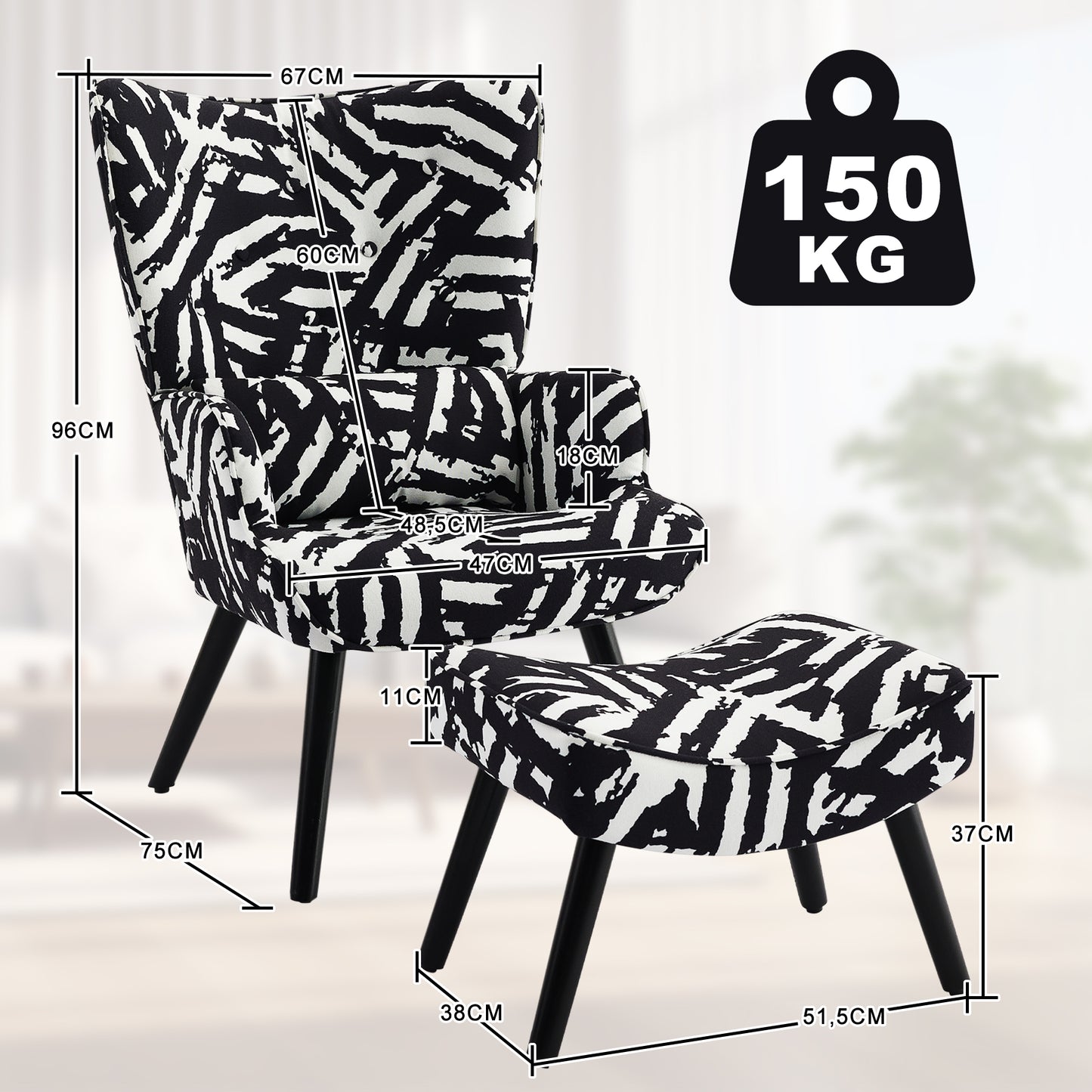 Fauteuil d'Angle HomeMiYN Noir - Ensemble avec Coussin & Tabouret - Style Industriel Chic - Bois Massif & Lin