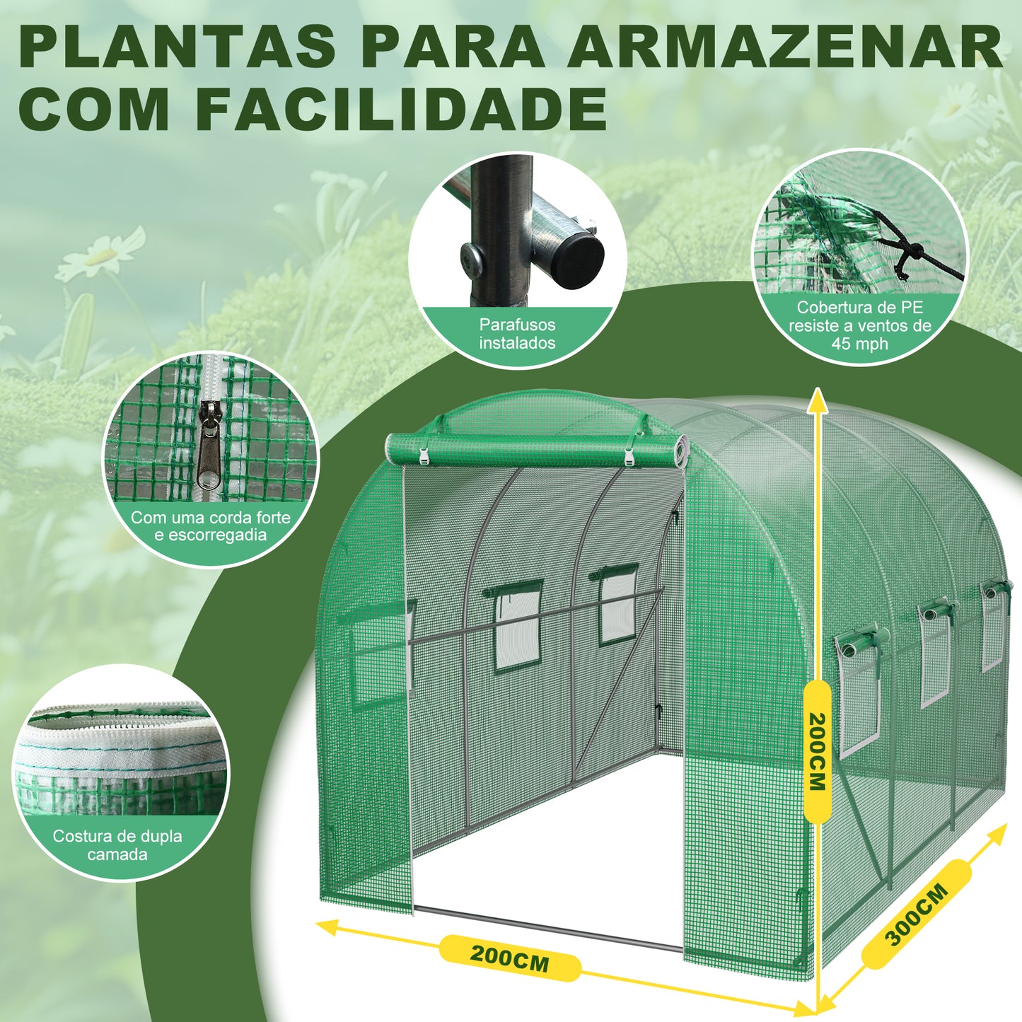 Estufa em Túnel 6m² HOMEMIYN(300x200x200 cm, Material Cobertura em Policarbonato - Verde)