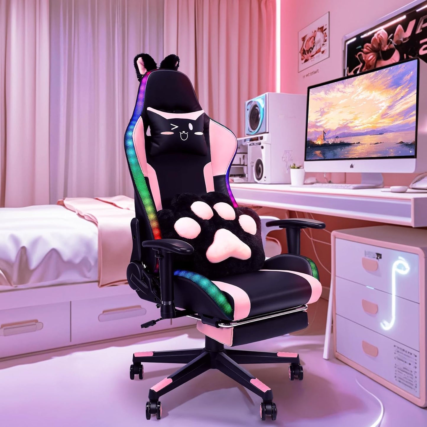 Chaise de jeu avec haut-parleurs, vidéo et lumière RGB, chaise ergonomique de course, fauteuil inclinable en cuir PU, chaise d'ordinateur pivotante pour e-sport avec appui-tête, accoudoirs, support lombaire (repose-pieds, LED, haut-parleurs, rose)