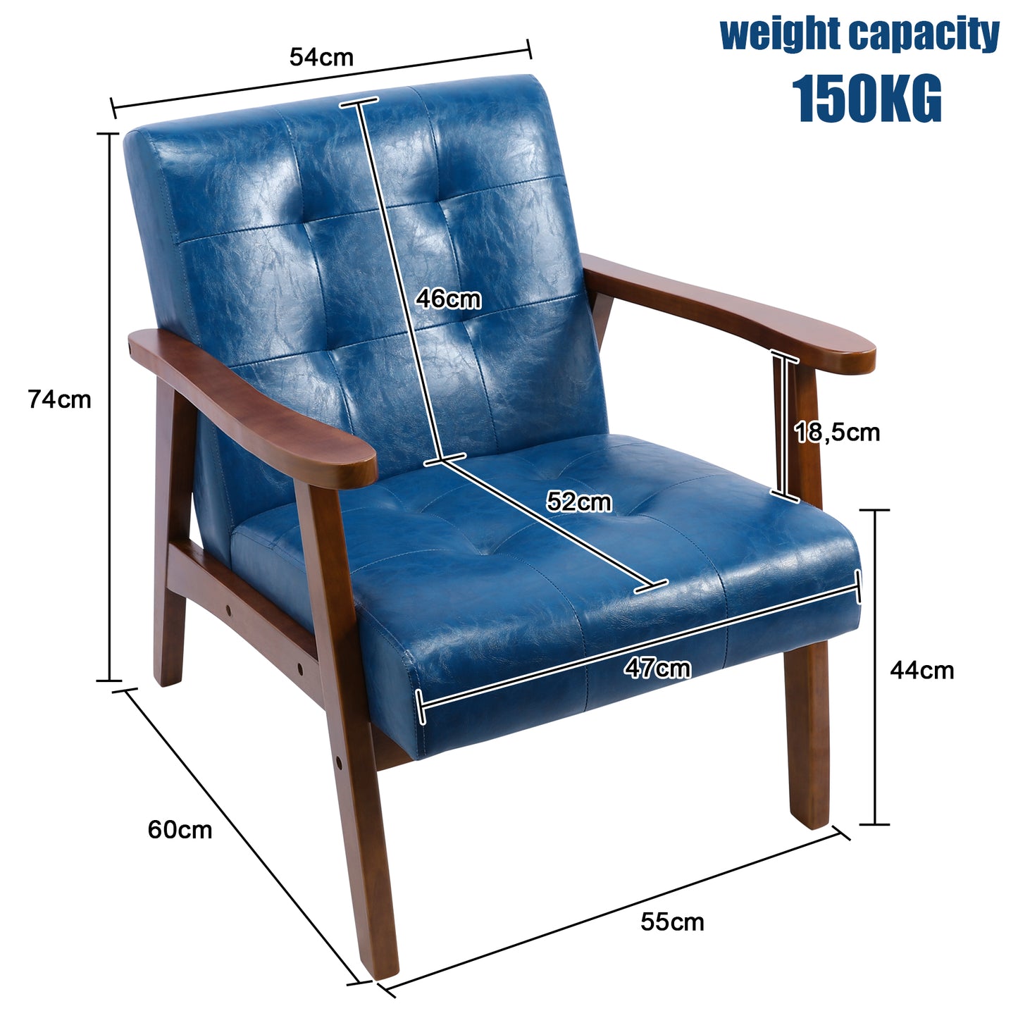 Fauteuil en cuir artificiel tapisé style vintag-Fauteuil en bois naturel de bureau de chambre à coucher, bleu