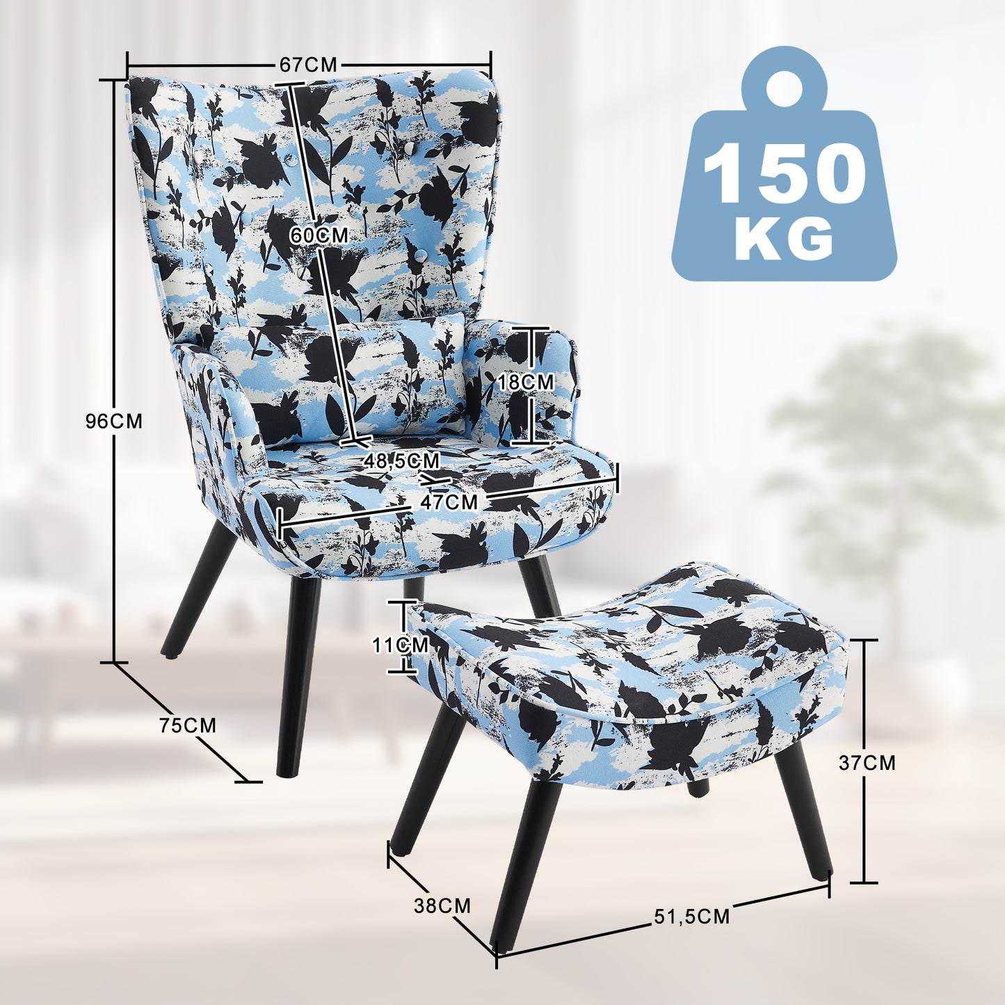 Fauteuil d'angle bleu MiYN avec coussins et tabouret - style campagnard moderne - bois massif et lin hypoallergénique - pour salon / chambre