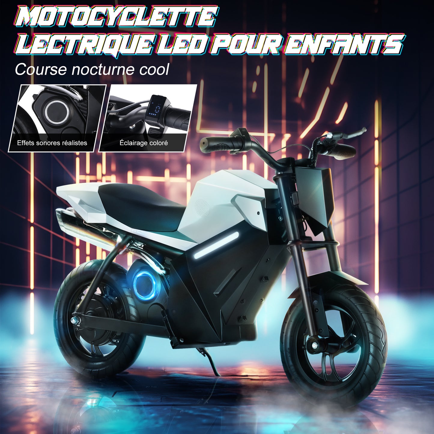 Moto électrique pour enfants, 16 km/h, 250 W, 12,5", 3 vitesses, LED
