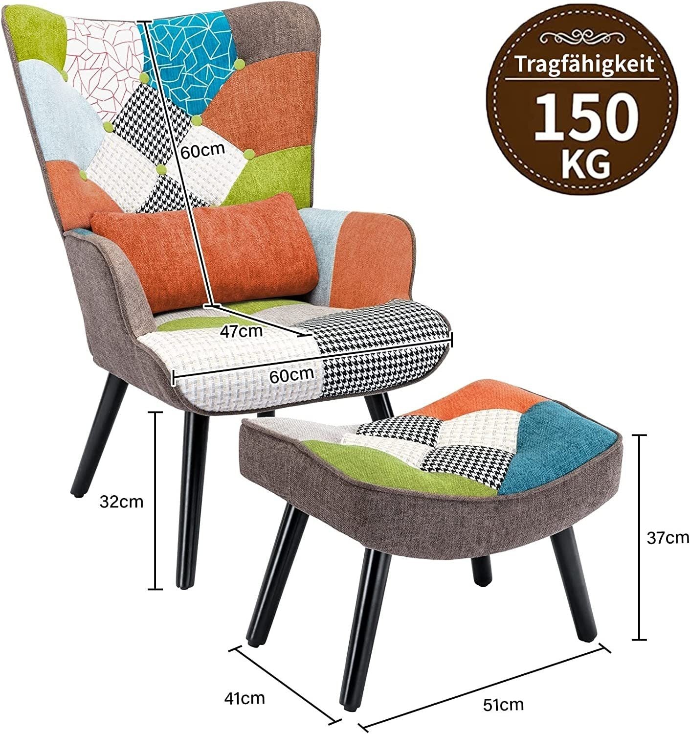 Fauteuil Salon Patchwork avec Repose Pieds en Tissu Lin Multicouleur, Fauteuil Scandinave en Bois Massif avec Support Lombaire, Lin