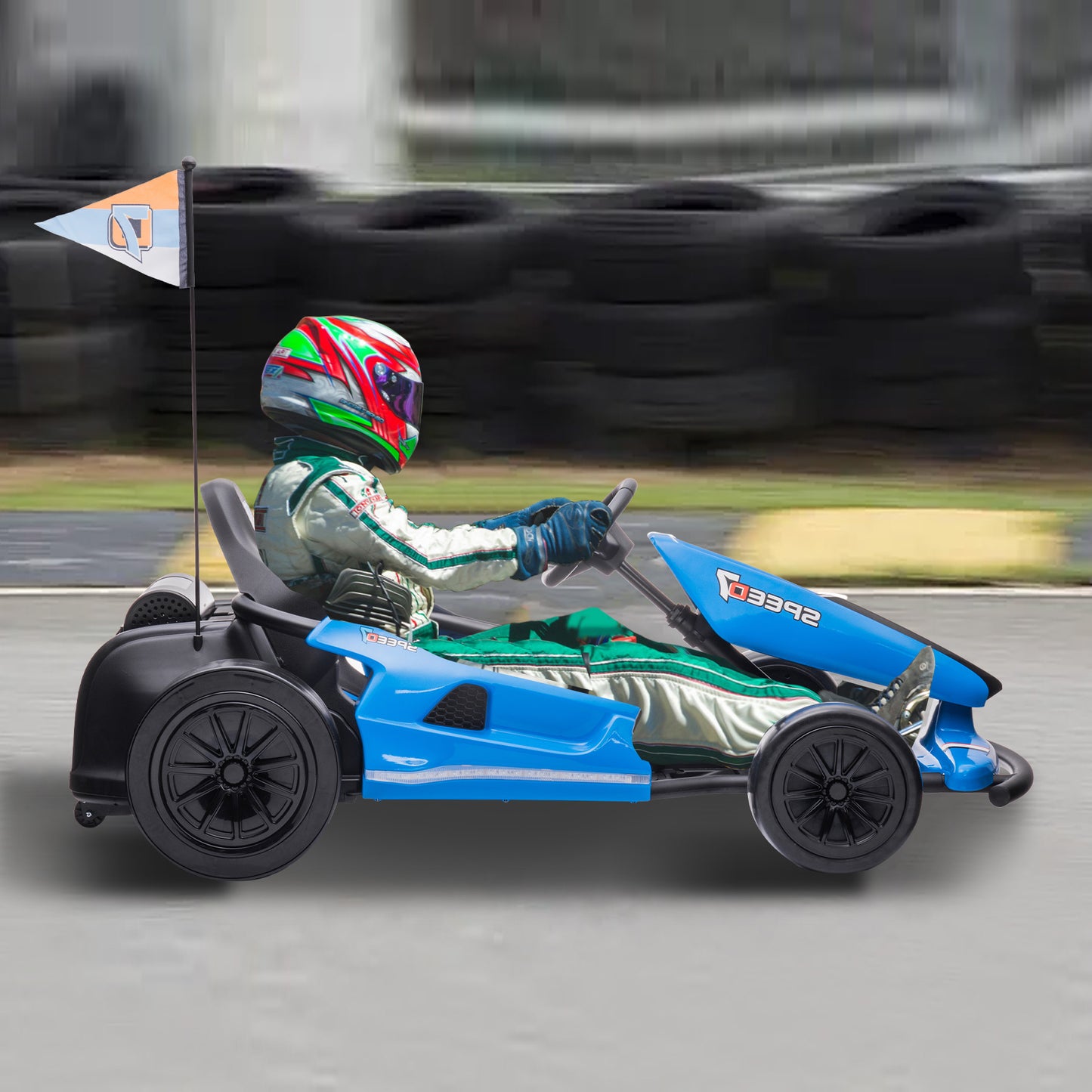 HOMEMiYN 24 V 13 km/h Elektro-Driftkart mit Sanftanlauf, Musik, Hupe, Sicherheitsgurt für Kinder von 8–12 Jahren (blau)