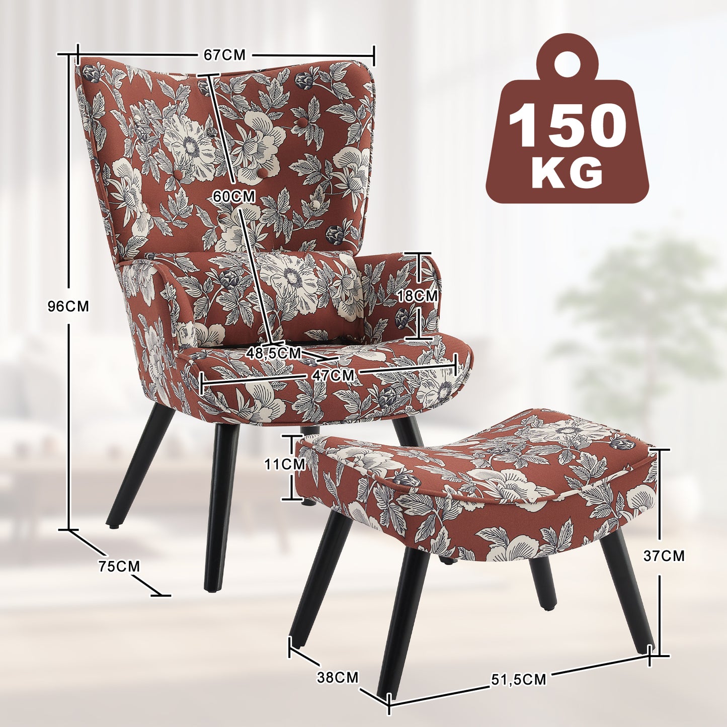 Fauteuil HomeMiYN avec Coussin et Tabouret - Chaise d'Angle Rustique pour le Salon