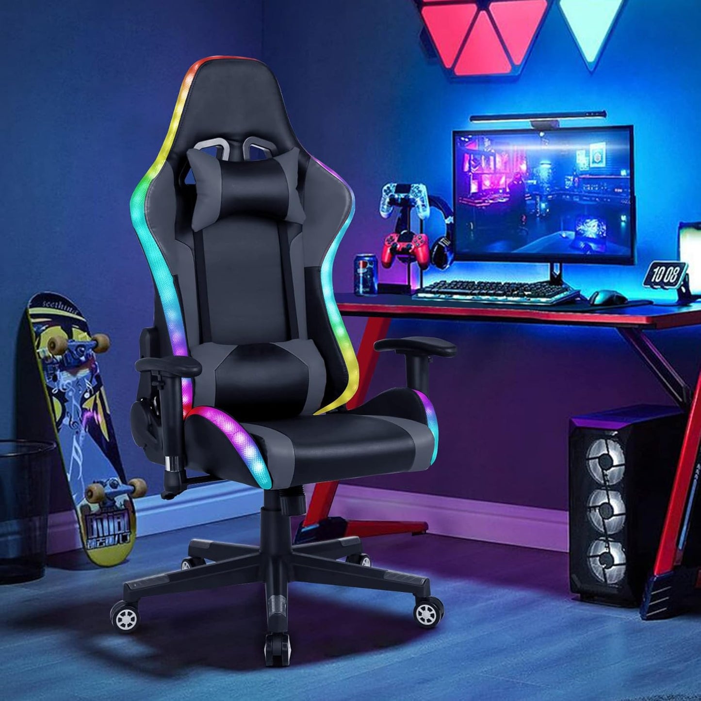 Cadeira de Jogos HomeMiYN Estilo Corrida RGB(56x68x135cm - Couro - PU Vermelho)