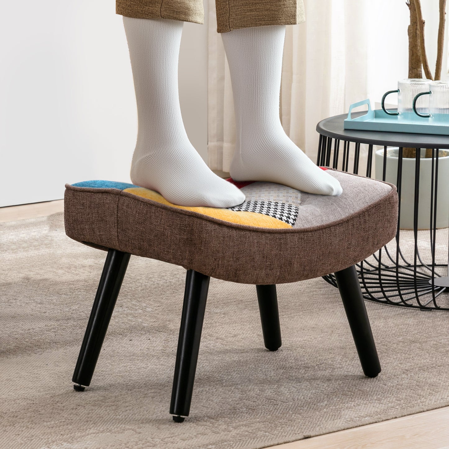 Tabouret pour Fauteuil de Salon Patchwork, Fauteuil à Oreilles, Chaise à Bascule, Pouf d'Appoint Décoratif