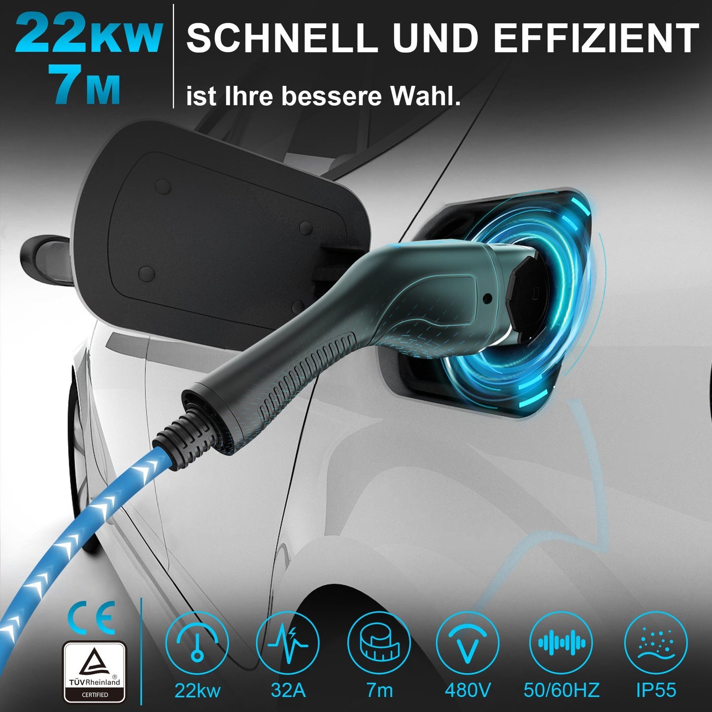 Câble de charge de type 2 22 kW pour voitures électriques 7 m avec sac accessoires de voiture câble de charge de voiture