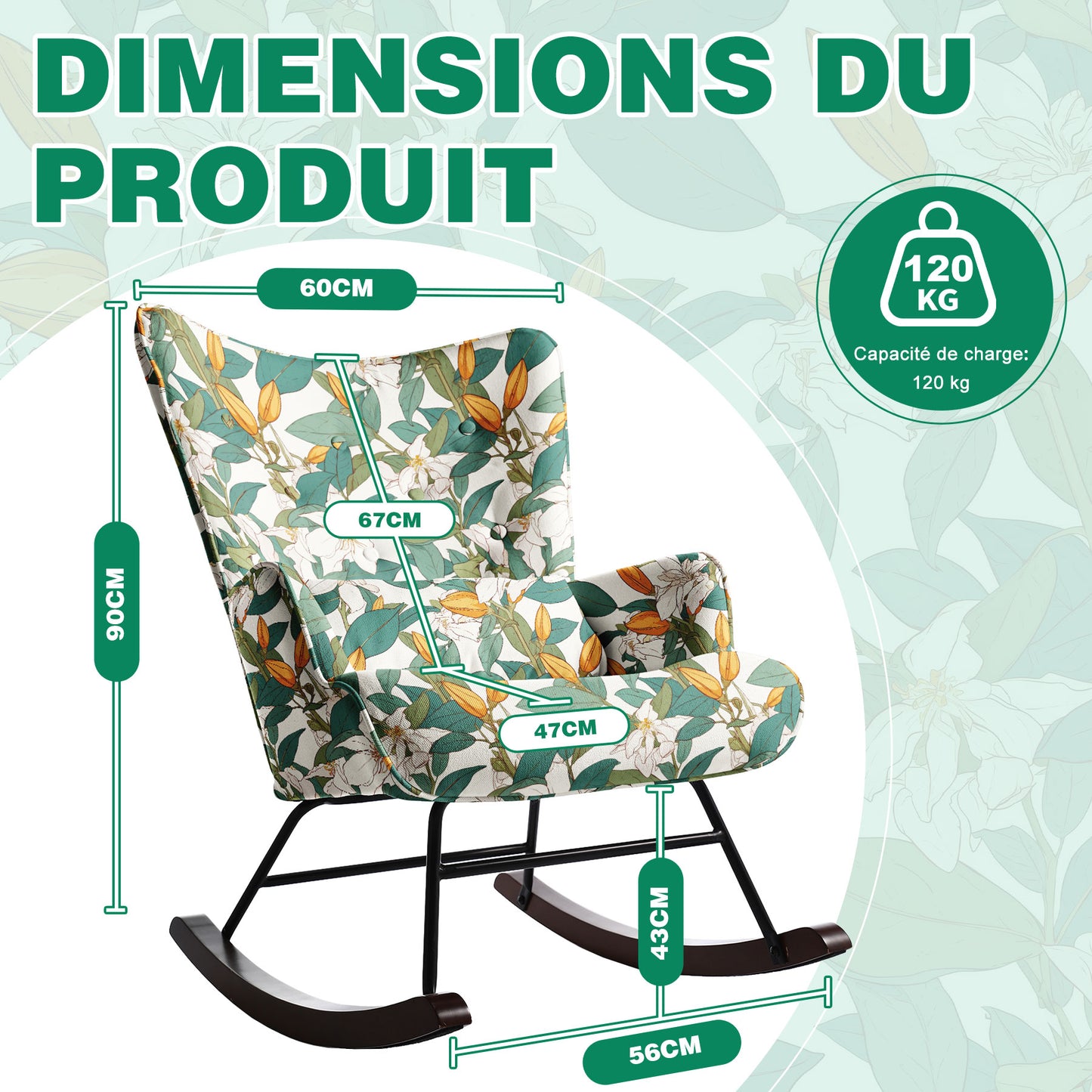 Fauteuil à Bascule Fixe en Tissu Imitation Lin : Motif Lys Vert & Blanc - Élégance Botanique Intemporelle