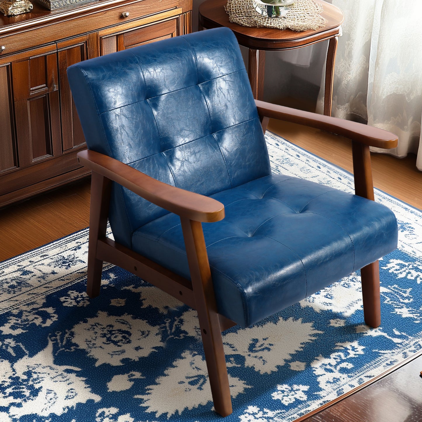 Fauteuil en cuir artificiel tapisé style vintag-Fauteuil en bois naturel de bureau de chambre à coucher, bleu
