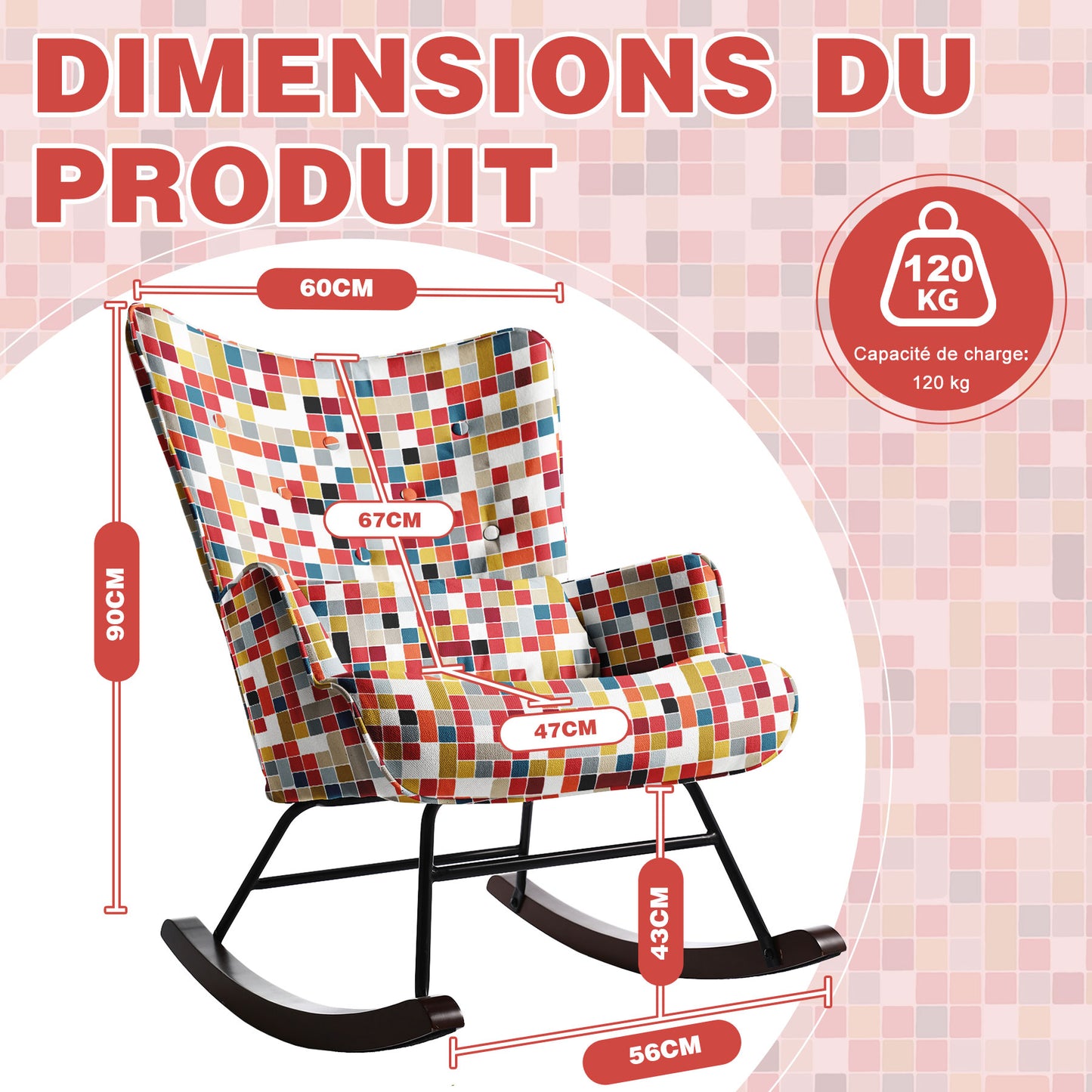 Fauteuil à bascule HOMEMIYN : tissu imitation lin, motif mosaïque coloré - 91X67X86CM