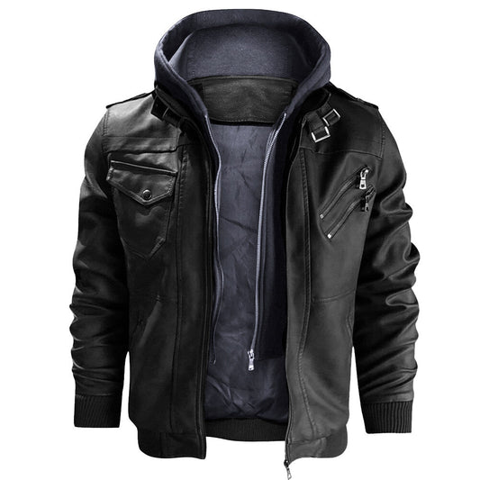 YFFUSHI Mens Casual Moto Style Lapel Hooded Leather Jacket