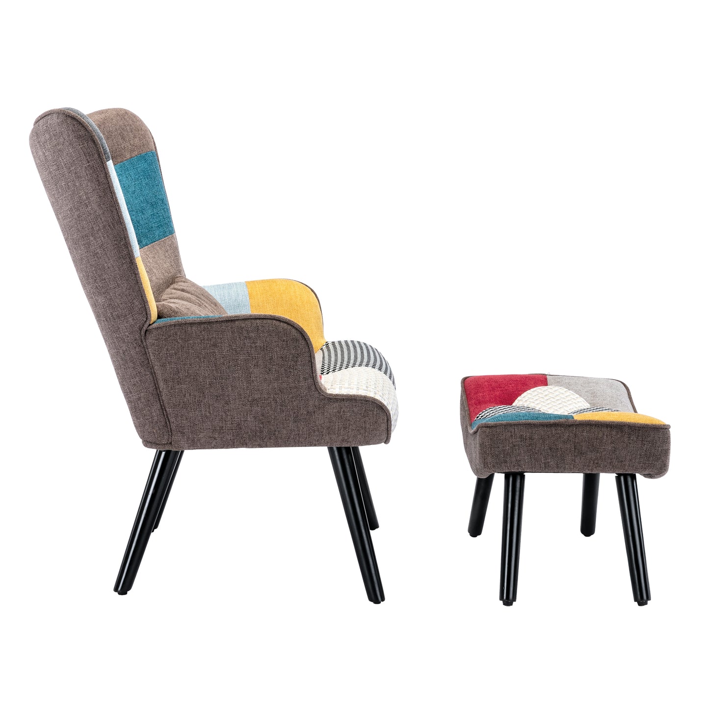 Poltrona de Relaxamento HomeMiYN Orelha com Banqueta (75x67x96cm - Tecido Patchwork Colorido)