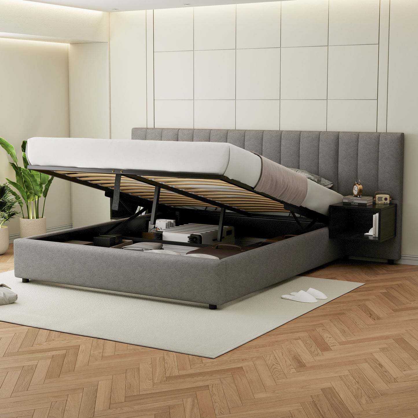 Lit Coffre 160x200 cm HOMEMiYN - Lit Élégant avec Rangement Pratique et Confort Optimal