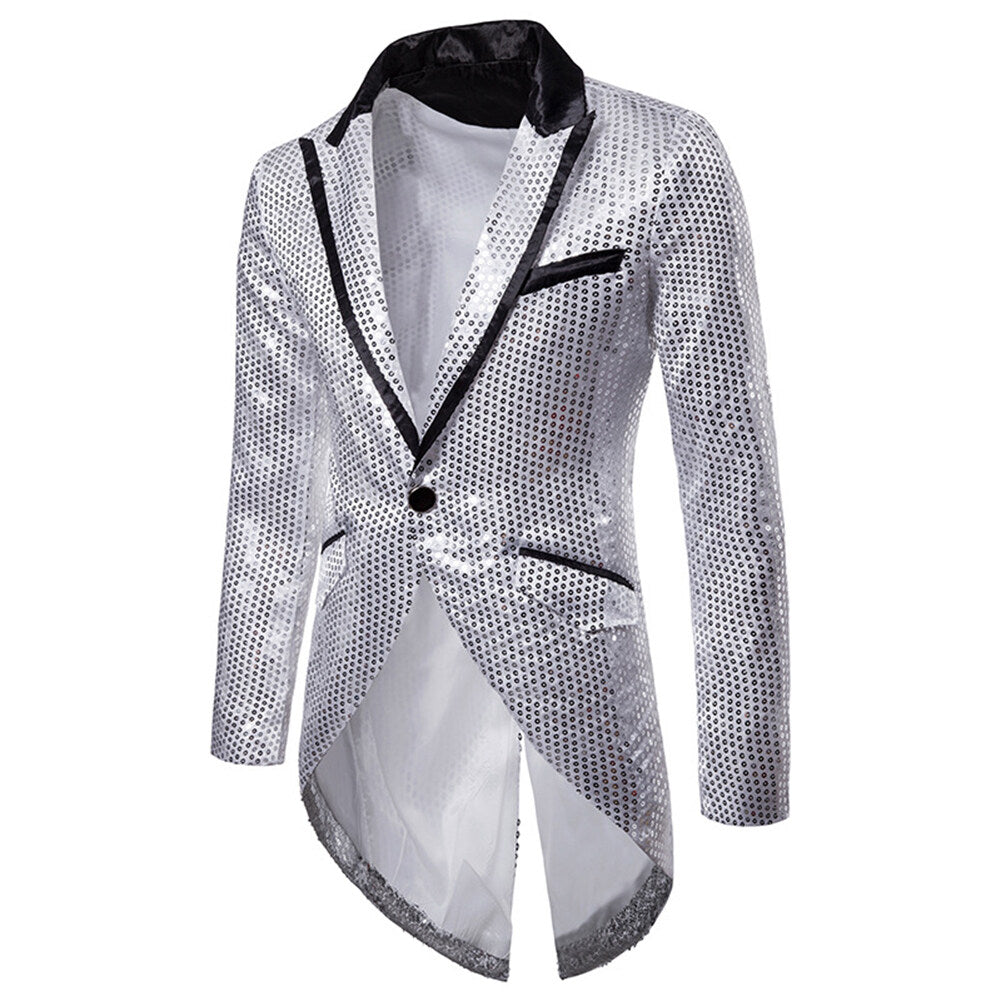 YFFUSHI Mens Sequin Tailcoat Slim Fit Peaked Lapel for Party