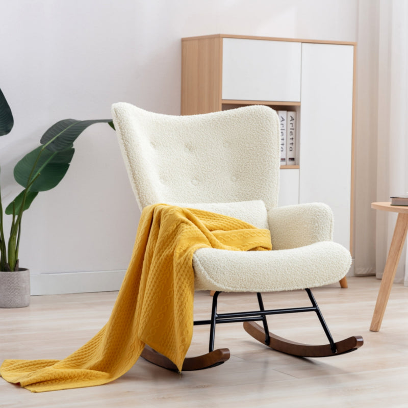Beige Scandinavian Rocking Chair with Lumbar Support – Plush Living Room Armchair for Reading & Relaxing