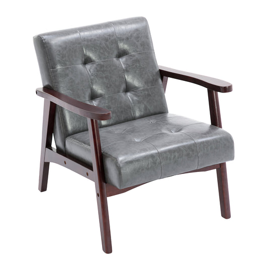 Fauteuil en cuir artificiel tapisé style vintag-Fauteuil en bois naturel de bureau de chambre à coucher, gris
