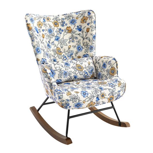 Cadeira de Balanço HomeMiYN(87x66x90cm Veludo/Metal/Madeira Azul e Branco)