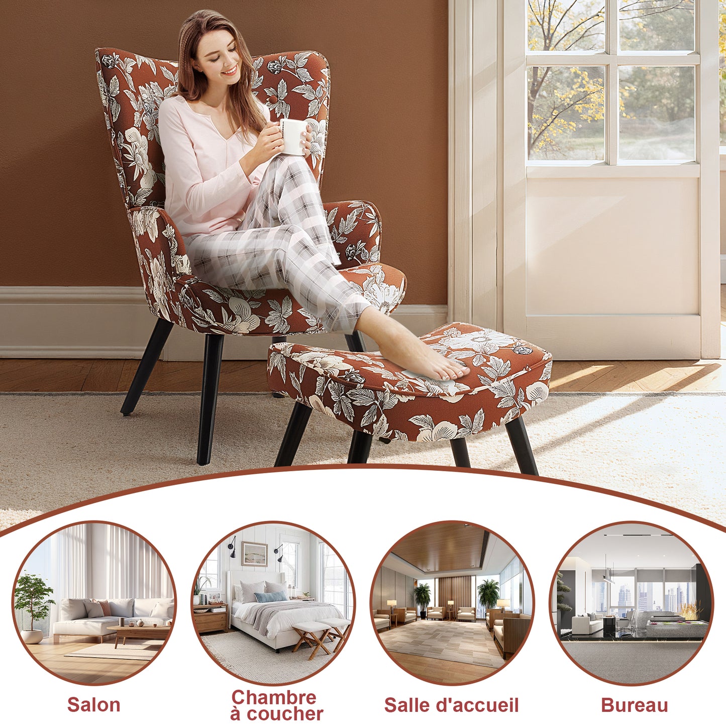 Fauteuil d'Angle HomeMiYN Rouge Terre Cuite - Ensemble avec Coussin & Tabouret - Style Rustique Moderne - Bois Massif & Lin