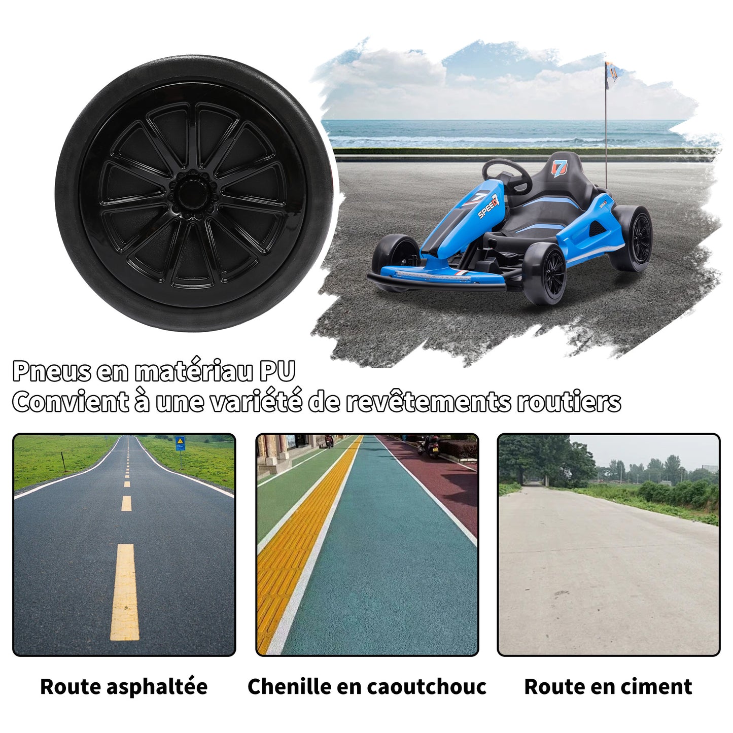 HOMEMiYN 24 V 13 km/h Elektro-Driftkart mit Sanftanlauf, Musik, Hupe, Sicherheitsgurt für Kinder von 8–12 Jahren (blau)