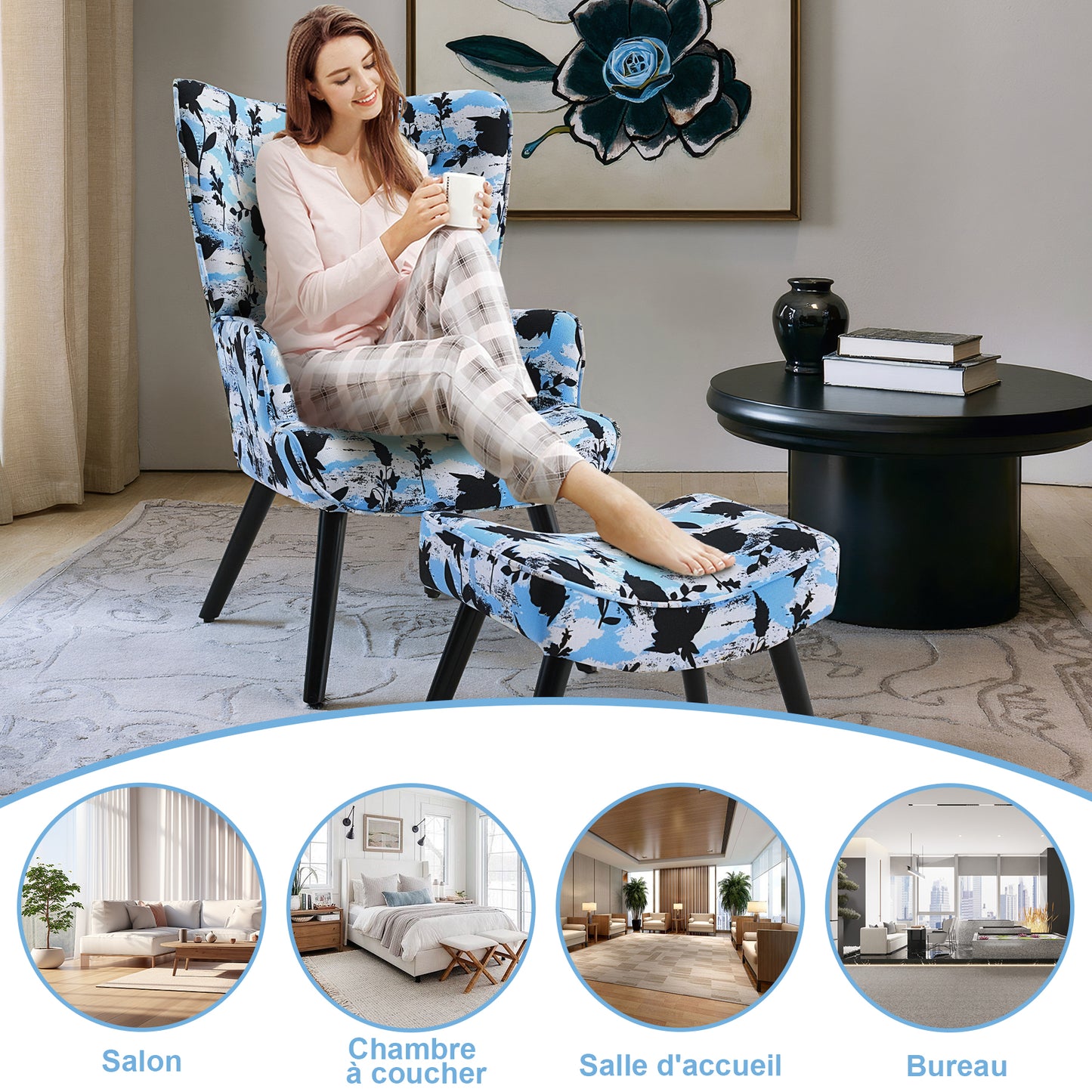 Fauteuil d'angle bleu MiYN avec coussins et tabouret - style campagnard moderne - bois massif et lin hypoallergénique - pour salon / chambre