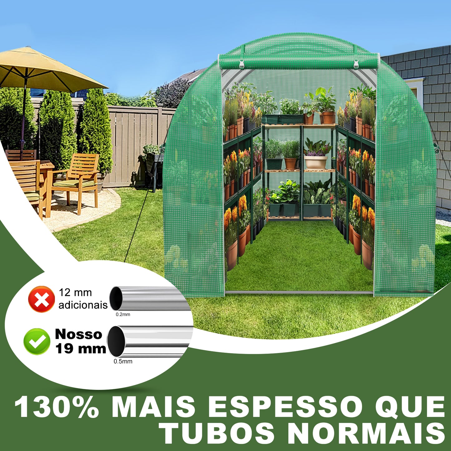 Estufa em Túnel 6m² HOMEMIYN(300x200x200 cm, Material Cobertura em Policarbonato - Verde)