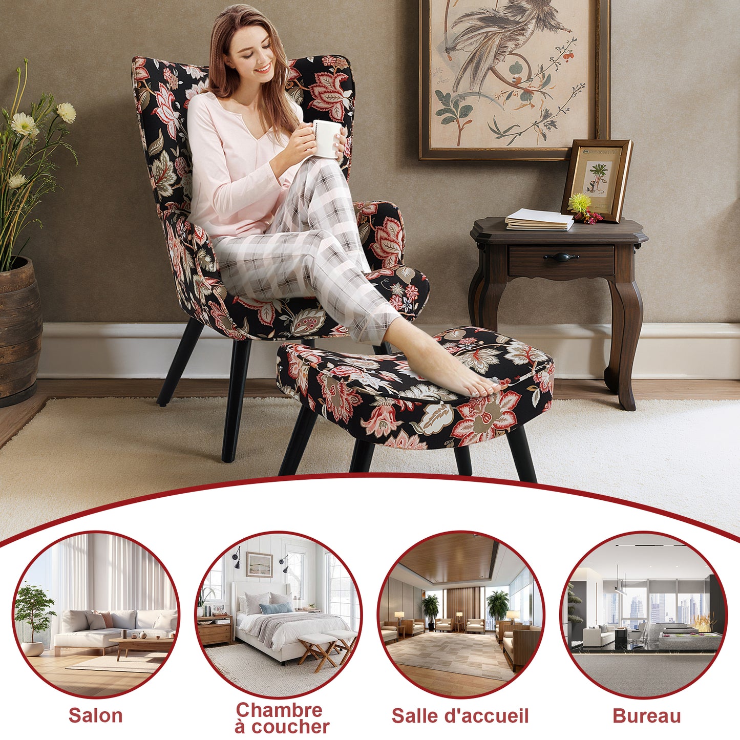 Fauteuil d'angle rustique HomeMiYN avec coussin et tabouret