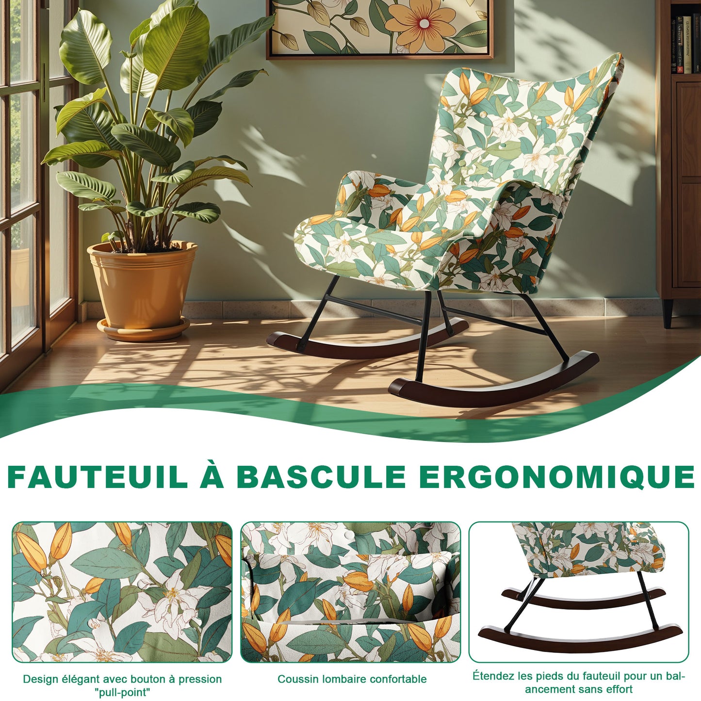 Fauteuil à Bascule Fixe en Tissu Imitation Lin : Motif Lys Vert & Blanc - Élégance Botanique Intemporelle