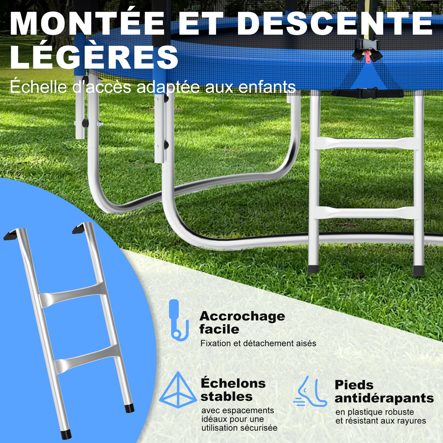 Trampoline Jardin Rond Ø 183 cm - Noir/Bleu - Filet Sécurité + Bâche + Échelle Inclus