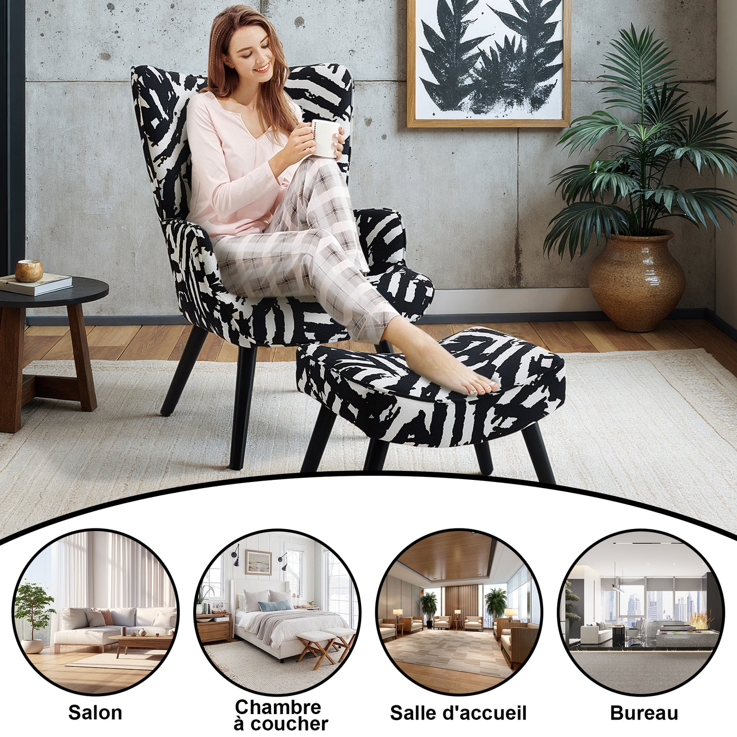 Fauteuil d'Angle HomeMiYN Noir - Ensemble avec Coussin & Tabouret - Style Industriel Chic - Bois Massif & Lin