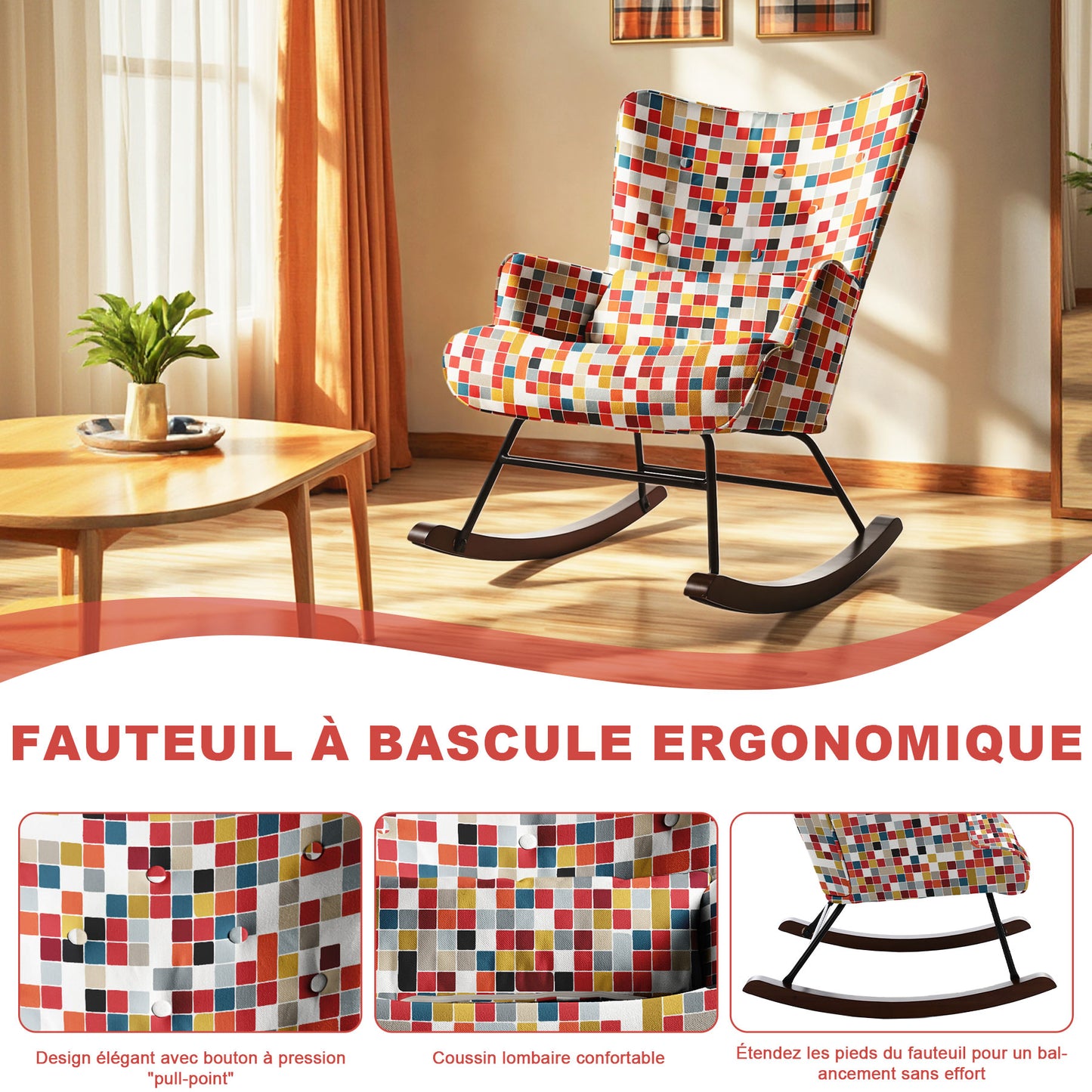 Fauteuil à bascule HOMEMIYN : tissu imitation lin, motif mosaïque coloré - 91X67X86CM