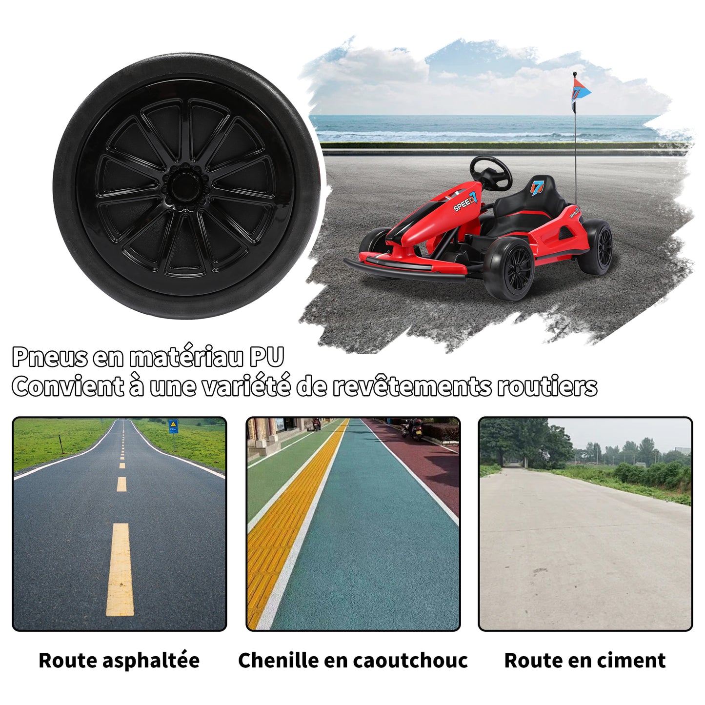 HOMEMiYN 24V 13 km/u elektrische driftkart met zachte start, muziek, claxon, veiligheidsgordel voor kinderen van 8-12 jaar (rood).