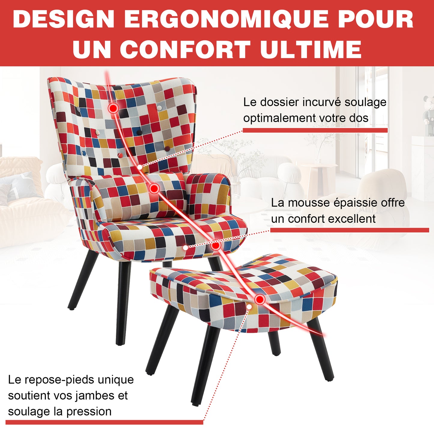 Fauteuil d'angle rustique HomeMiYN avec coussin et tabouret