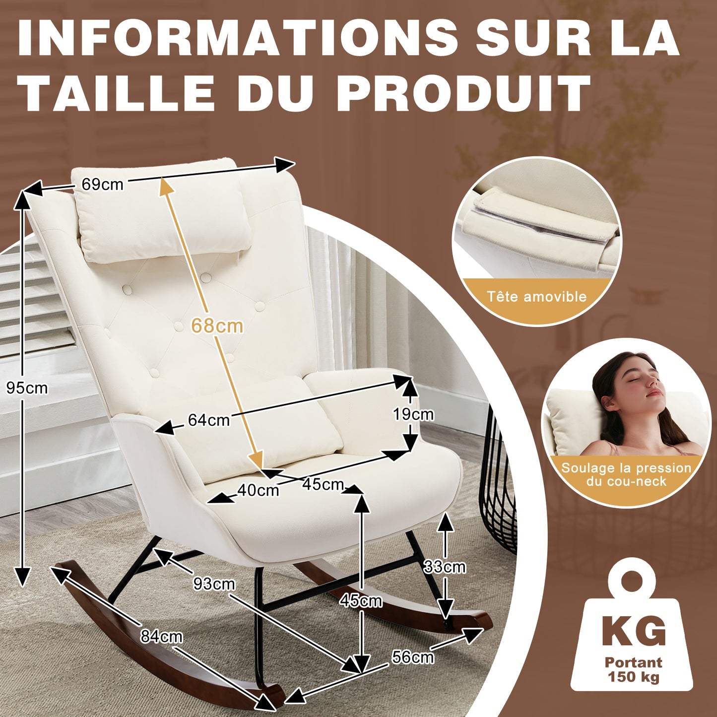 Chaise à bascule Appui-tête Salon  Velours Fauteuil d'allaitement Fauteuil à bascule