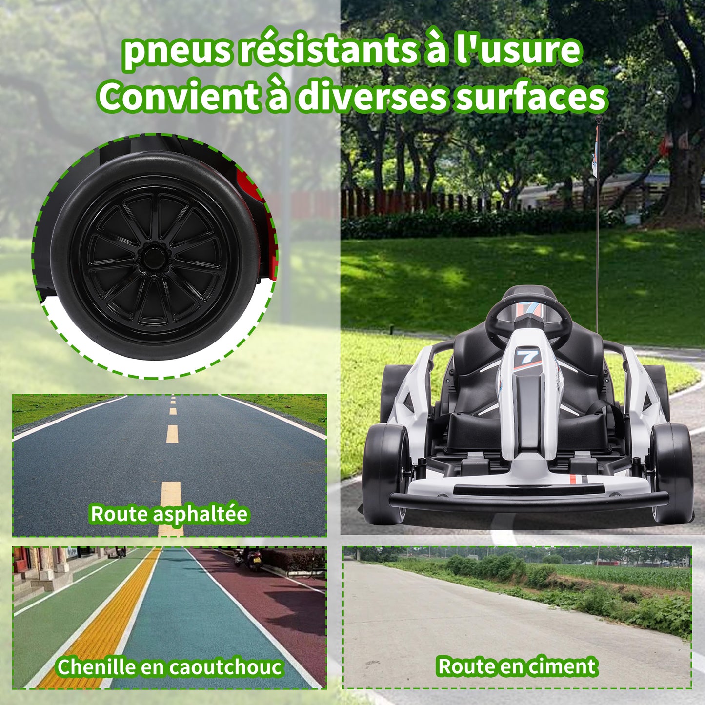 HOMEMiYN 24V 13 km/u elektrische driftkart met zachte start, muziek, claxon, veiligheidsgordel voor kinderen van 8-12 jaar (wit).