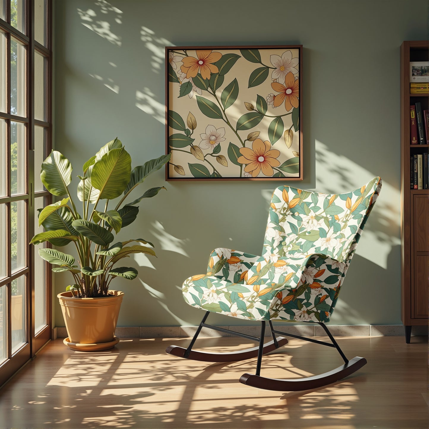 Cadeira de baloiço fixa em tecido de linho sintético: Padrão Lírio Verde e Branco - Elegância botânica intemporal