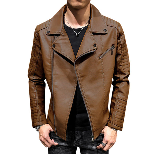 YOUTHUP Mens Slim Fit Leather Jacket with Large Lapel and Diagonal Zip