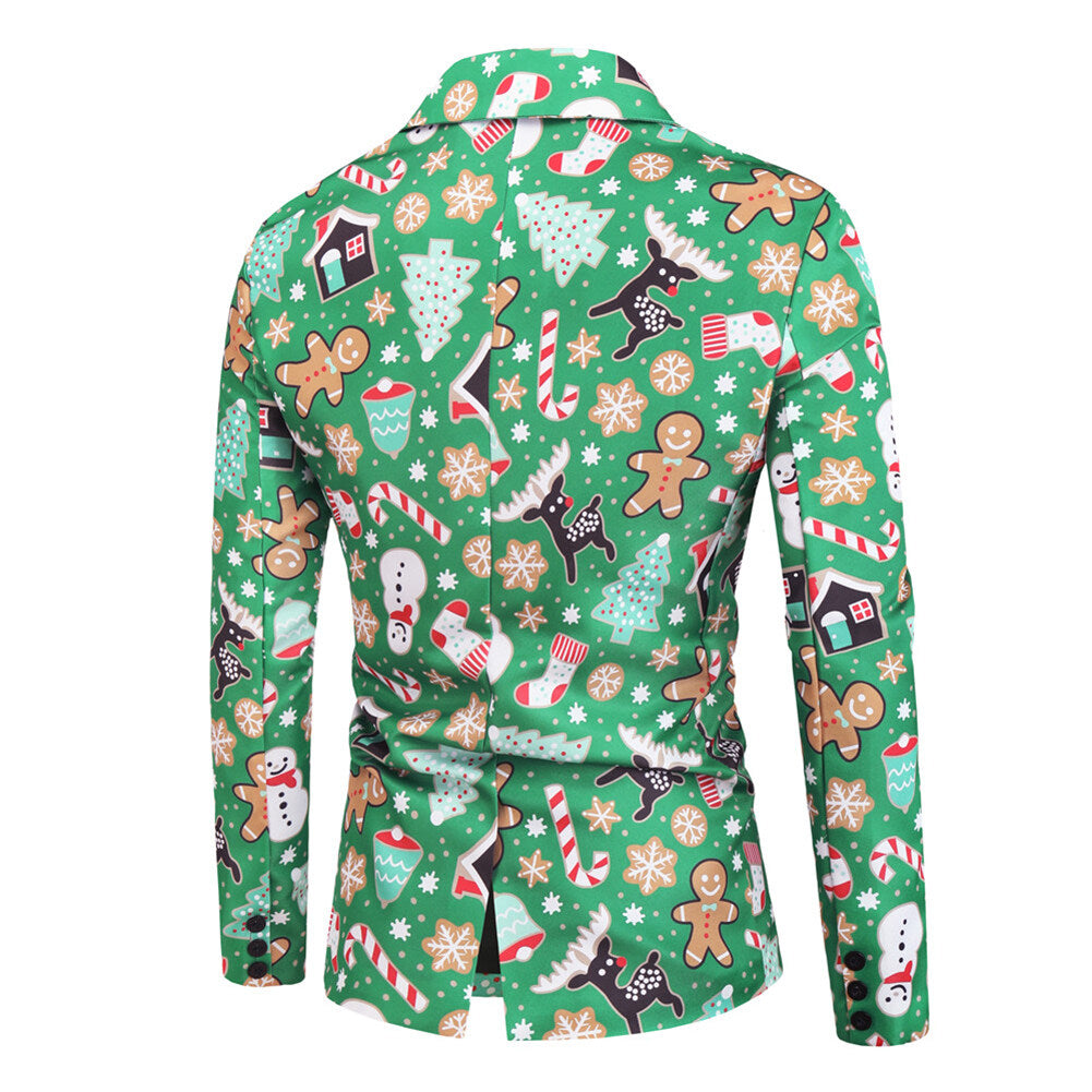 YFFUSHI Mens 3 Piece Suit Christmas Gingerbread Man Print Single Breasted Holiday Dress for Dinner or Party